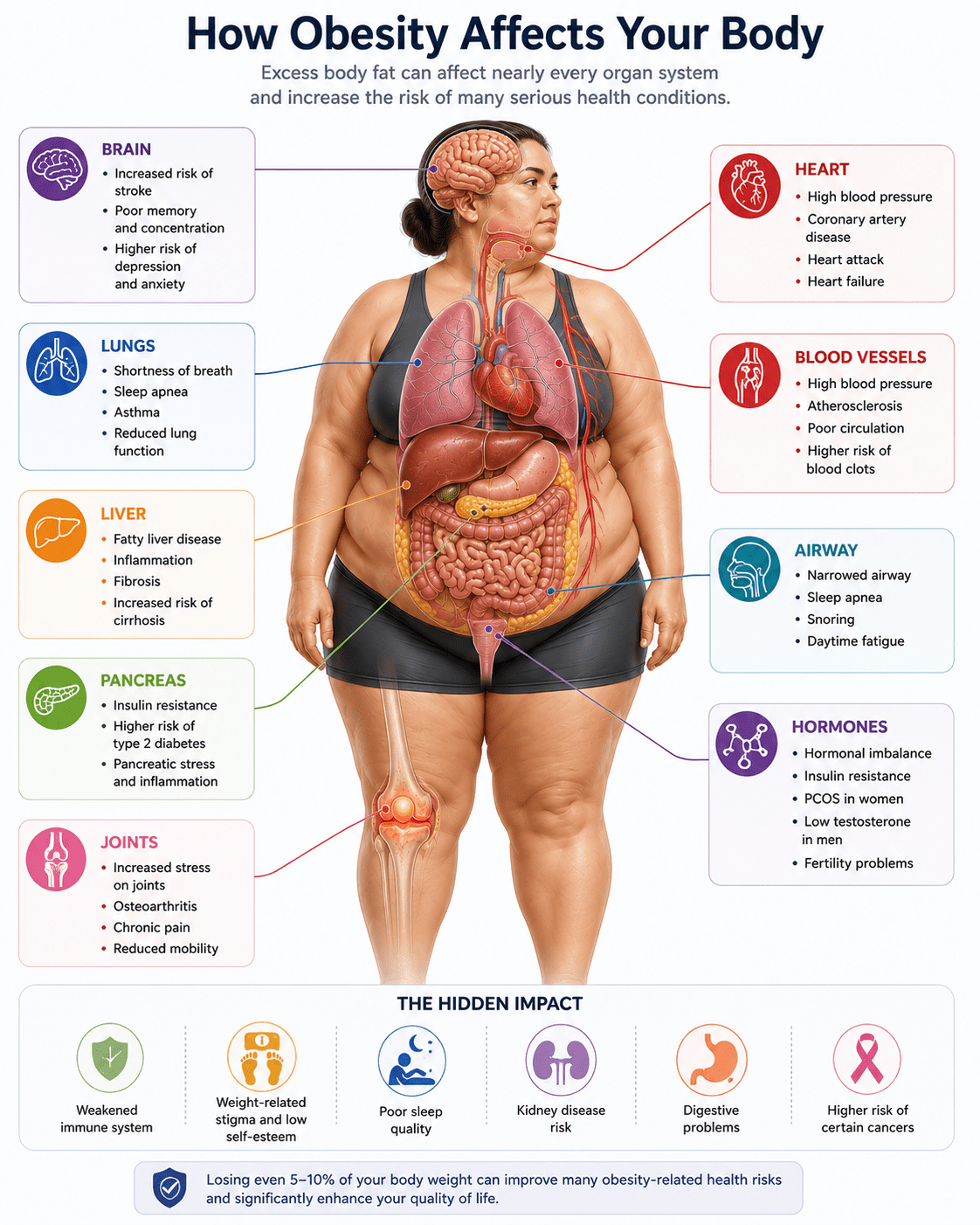 Anatomical map showing how obesity affects the brain, heart, lungs, liver, pancreas, and joints
