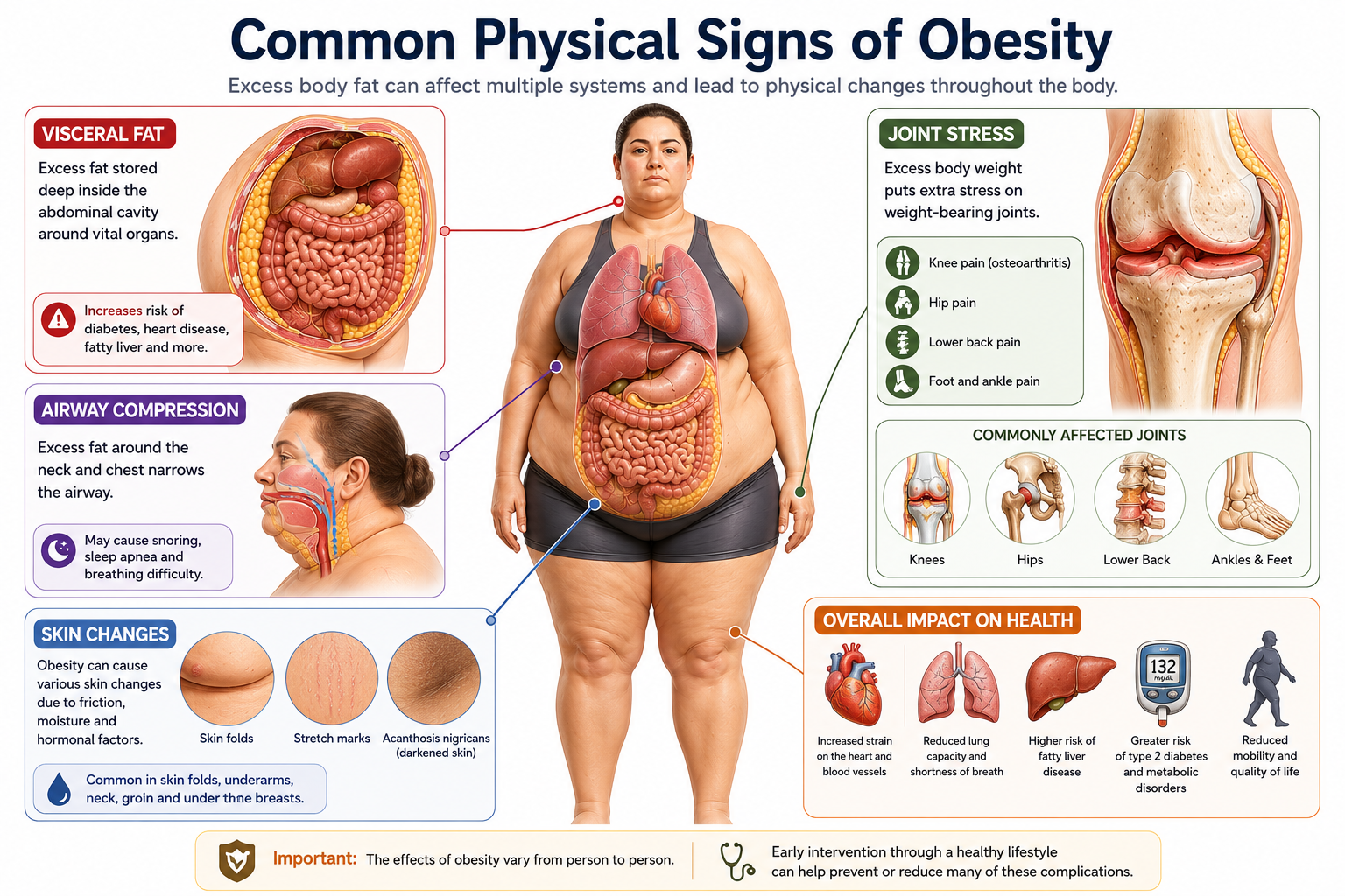 Medical illustration highlighting physical signs of obesity including joint stress, visceral fat, airway compression, and skin changes