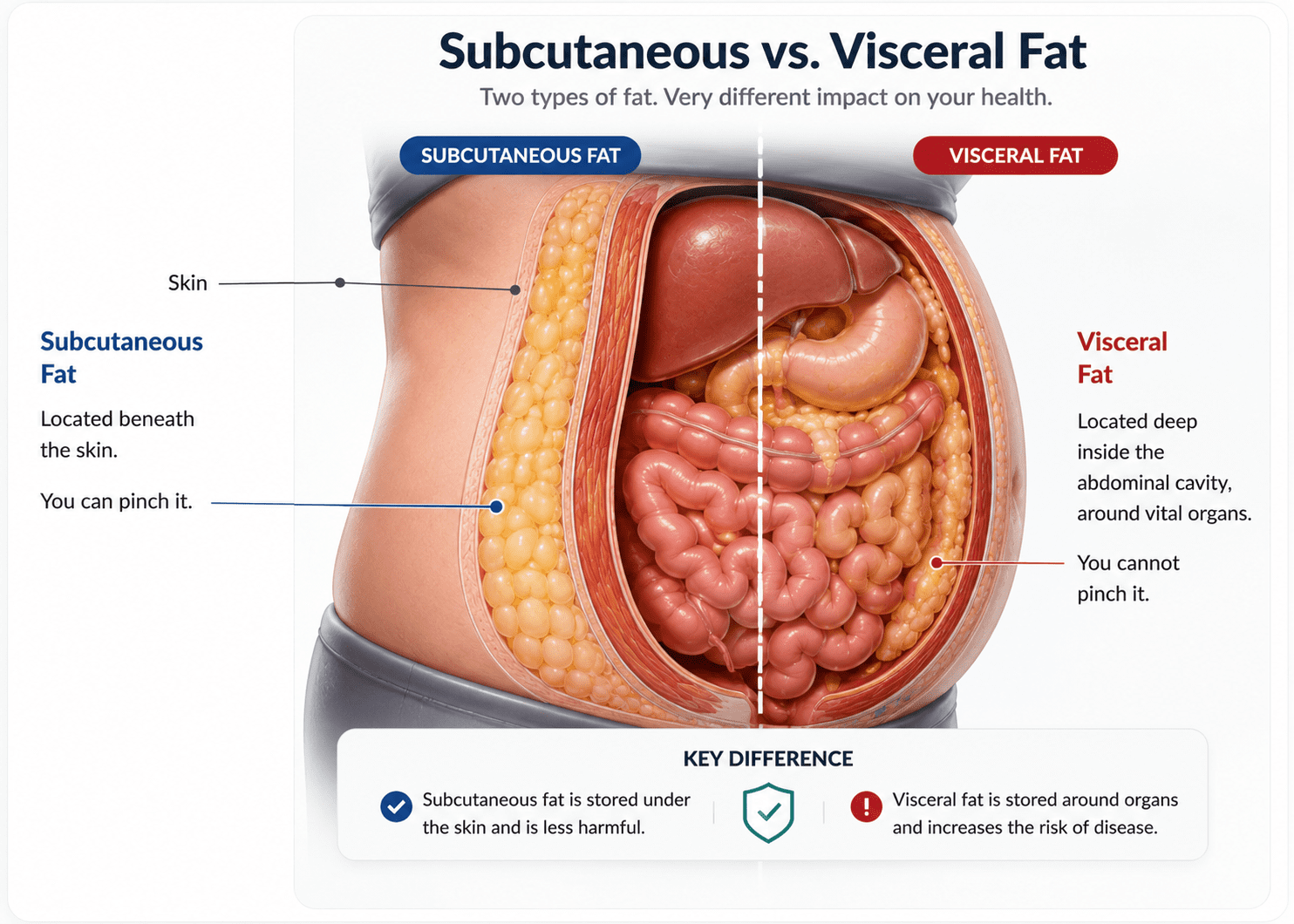 Medical illustration comparing subcutaneous fat versus metabolically active visceral fat